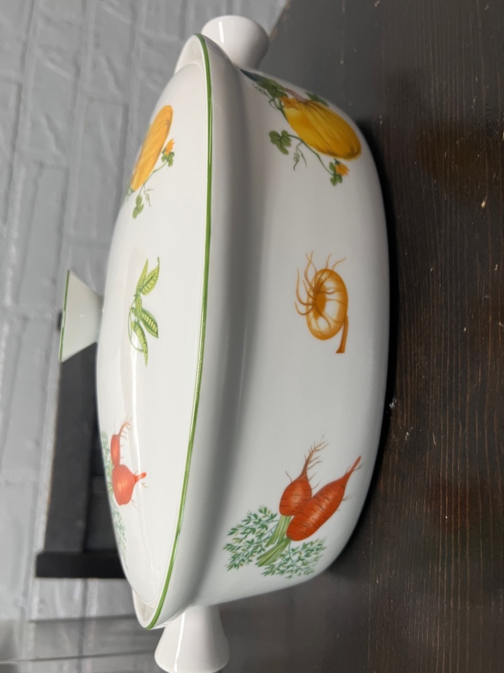 Andrea By Sadek White Covered Casserole with Orange and Green Vegetable Motif